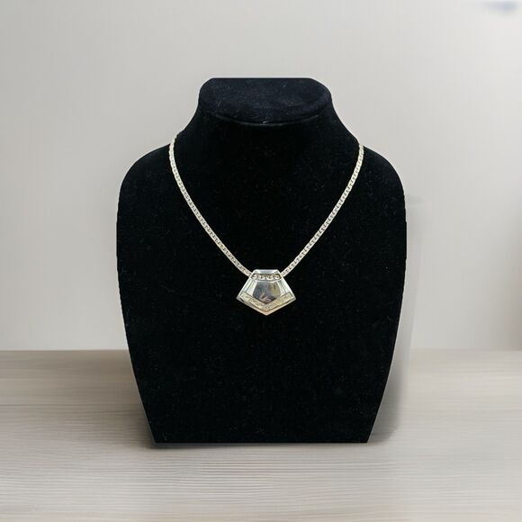 Vintage 1980s Gold Statement Necklace - Geometric Fan Pendant, Art Deco Revival - Picture 1 of 4